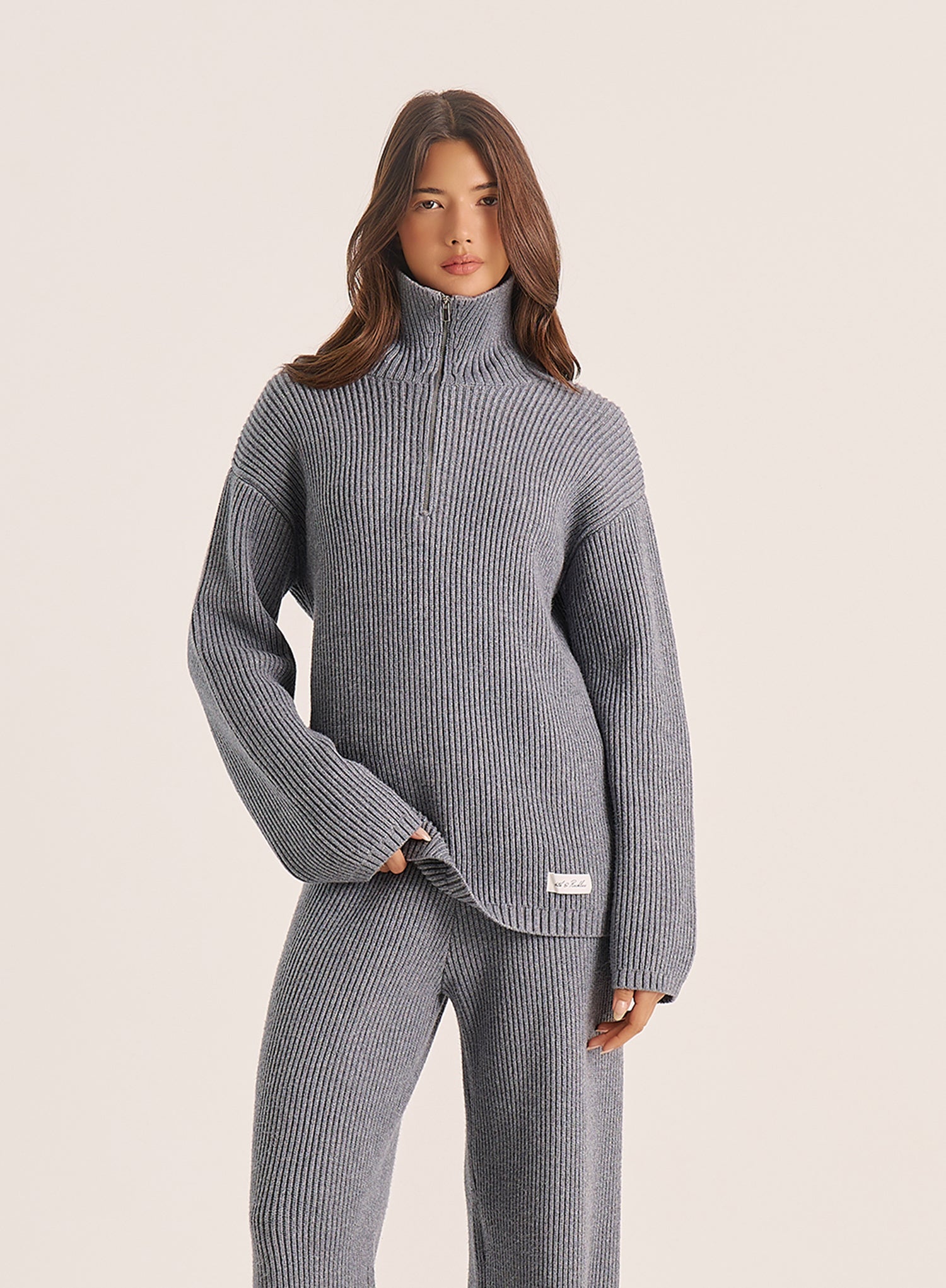 Light Grey Knitted Oversized Collar Zip Jumper